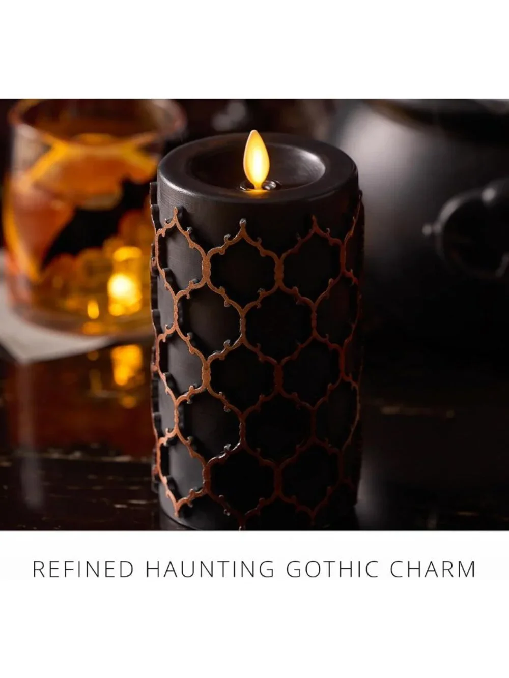 Flameless LED Pillar Candle - Black Embossed, Timer Function, Real Wax, 3.5x6.5